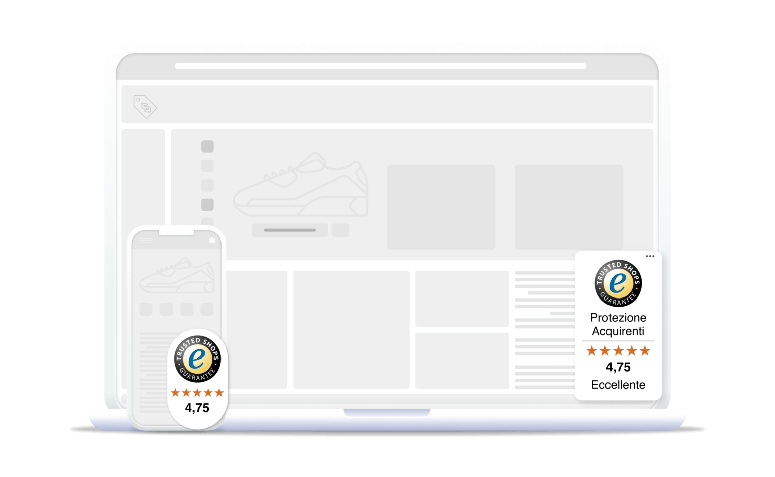 Esempio di negozio ecommerce visualizzato su desktop e mobile con il sigillo Trusted Shops, la valutazione clienti (4,75) e l’indicazione di protezione acquisti.