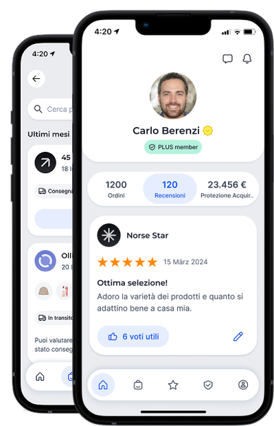 Due telefoni cellulari mostrano il profilo di un membro fittizio della Community of Trust nella visualizzazione dell'app.