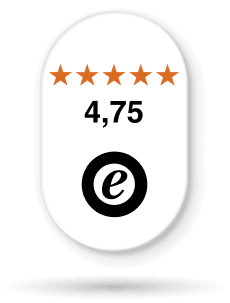 Trustbadge Trusted Shops con solo recensioni con valutazione clienti di 4,75 stelle e giudizio ‘Eccellente’.